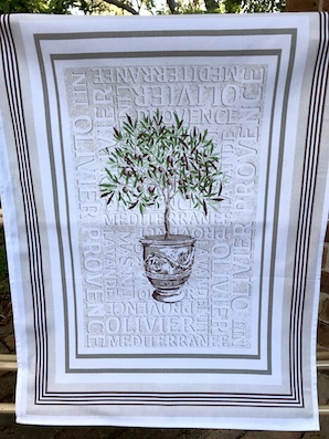 all cotton french tea towel with olives design